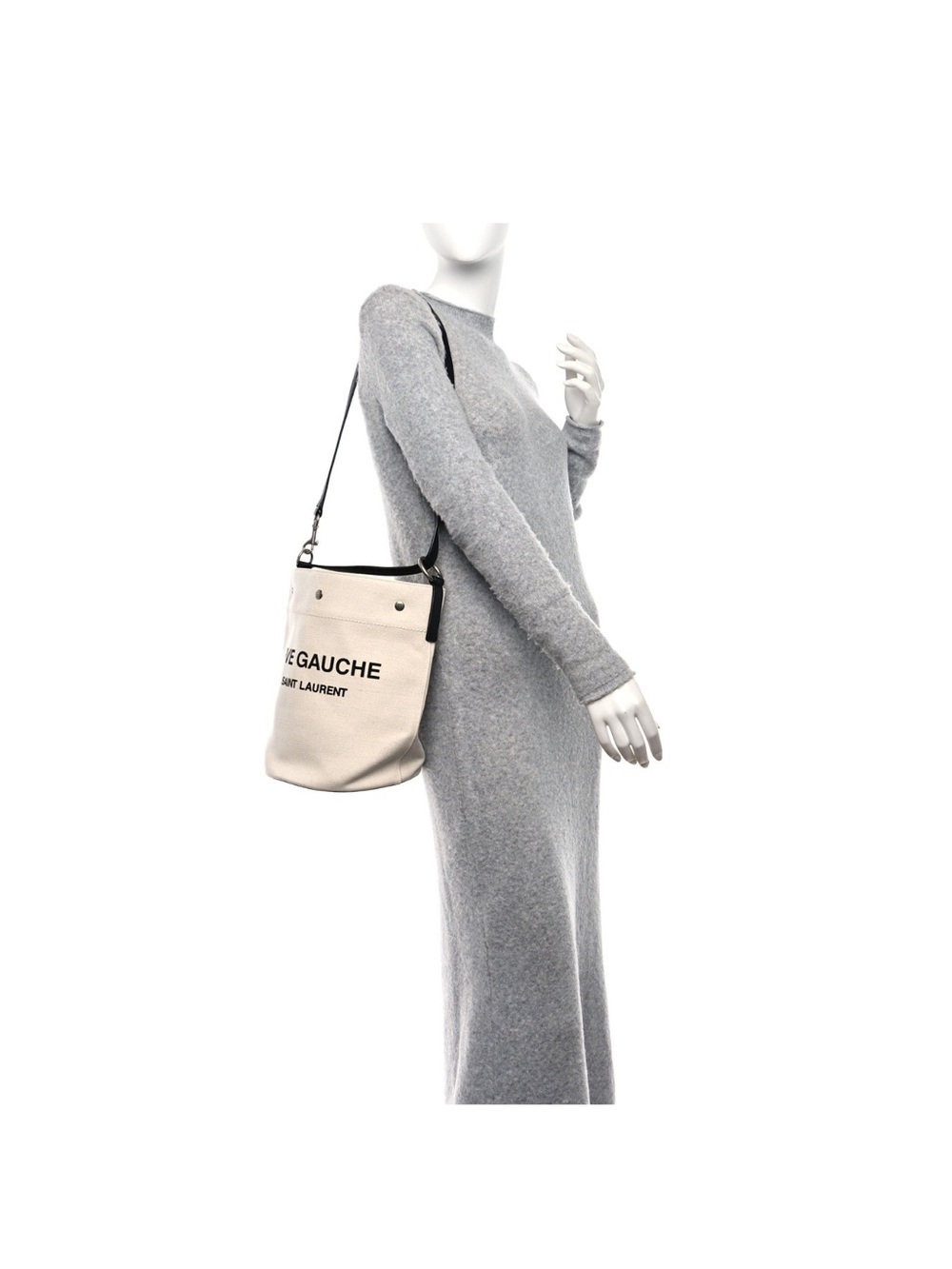 SAINT LAURENT RIVE GAUCHE CANVAS BUCKET BAG W/ LEATHER ZIP POUCH - IVORY/BLACK - Picture 10 of 10